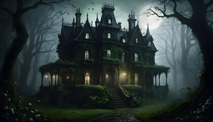 Obraz premium Mysterious Mansion in a Foggy Forest at Night