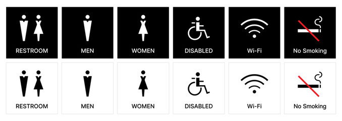 Public Restroom & Facility Sign Icons – Line Style. Toilet, No-smoking, Wi-Fi, Disabled Symbols.
