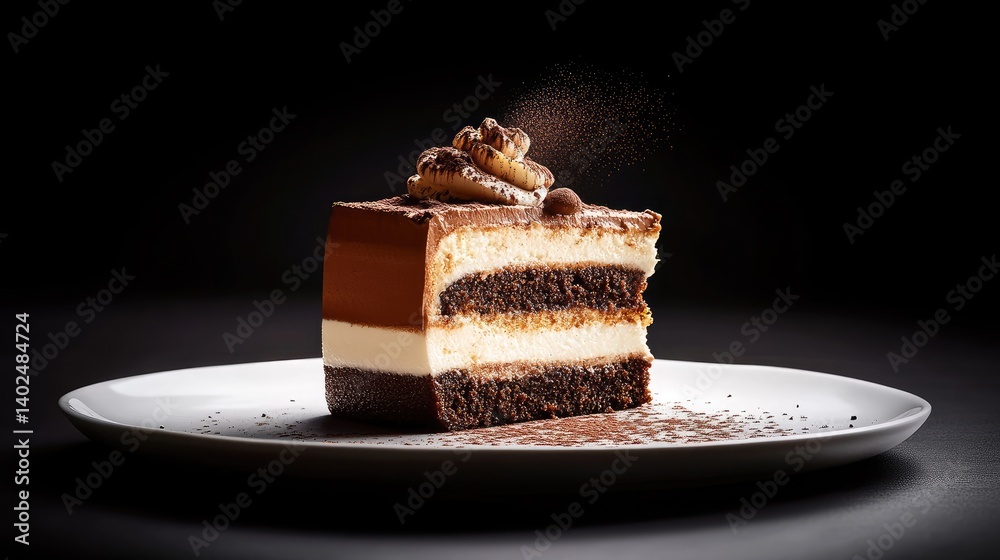 Poster a slice of classic tiramisu cake on a white plate, cocoa dusting on top, side view with soft lightin