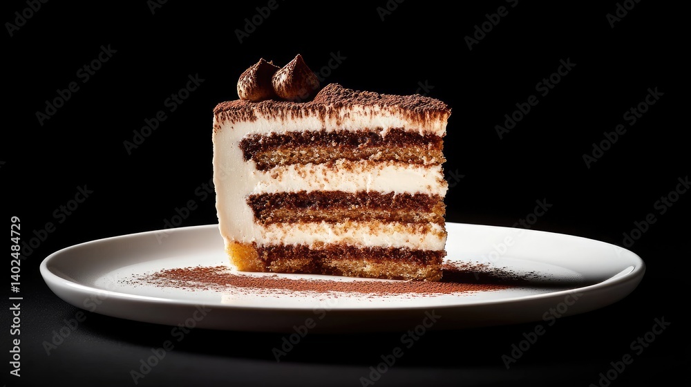 Poster a slice of classic tiramisu cake on a white plate, cocoa dusting on top, side view with soft lightin