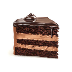 A thick slice of chocolate fudge cake with dense layers, smooth chocolate ganache, and glossy topping