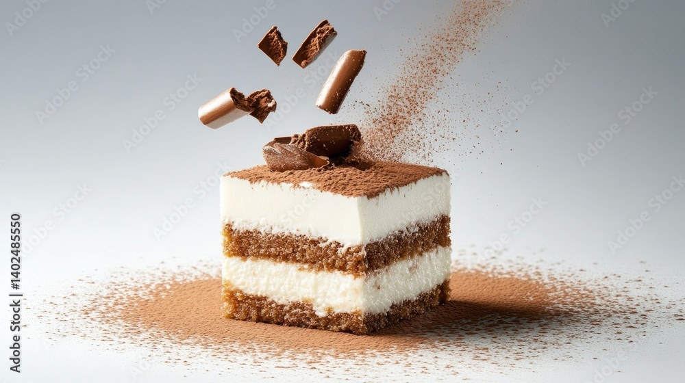 Poster close-up of creamy tiramisu slice with cocoa powder, layered texture visible, elegant dessert presen