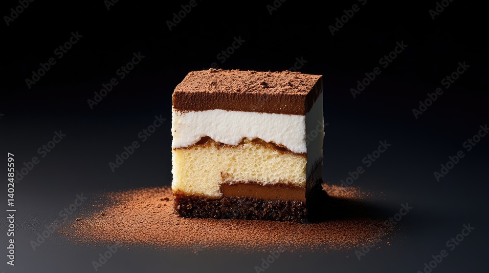 Poster close-up of creamy tiramisu slice with cocoa powder, layered texture visible, elegant dessert presen