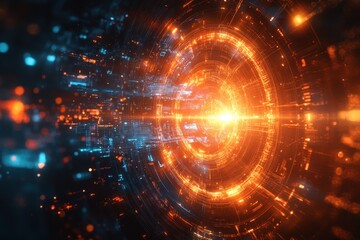 Obraz premium Dynamic orange and blue swirling digital vortex representing energy flow in a futuristic setting