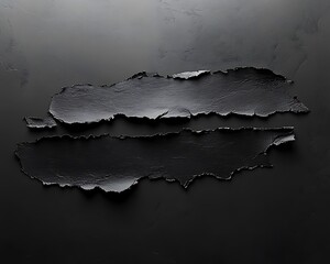 Minimal editorial collage with horizontal torn paper segments floating over matte charcoal backdrop, 
