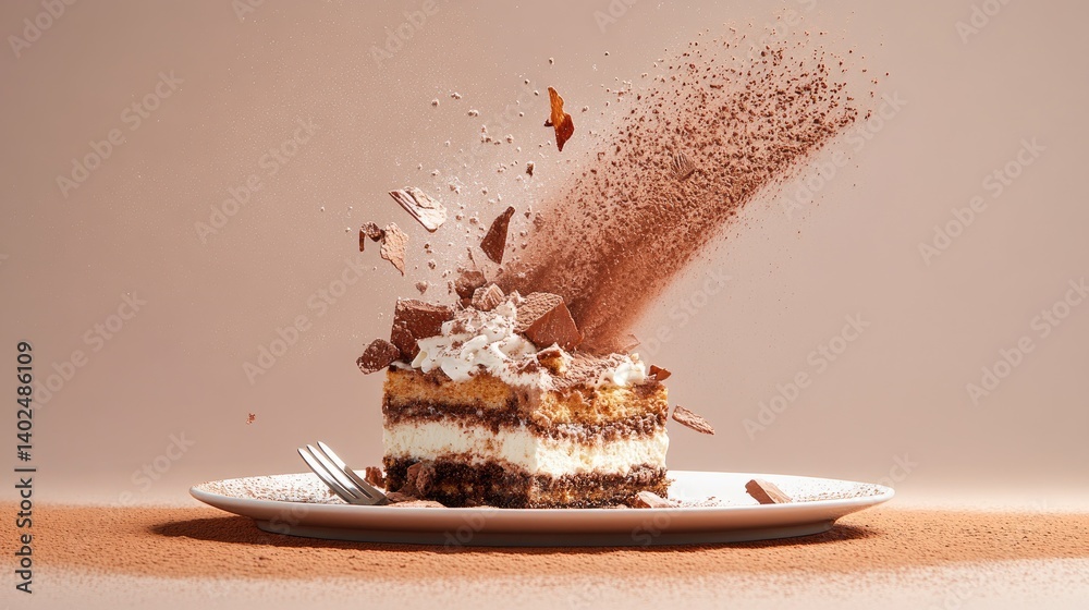 Poster decadent slice of tiramisu on a clean plate, surrounded by cocoa powder and dessert fork