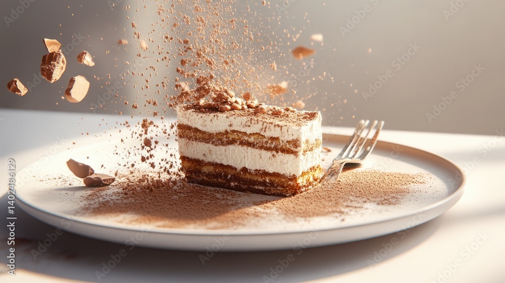 Poster decadent slice of tiramisu on a clean plate, surrounded by cocoa powder and dessert fork
