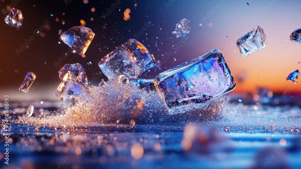 Poster detailed close-up of crushed ice chunks, shimmering surface with frost highlights