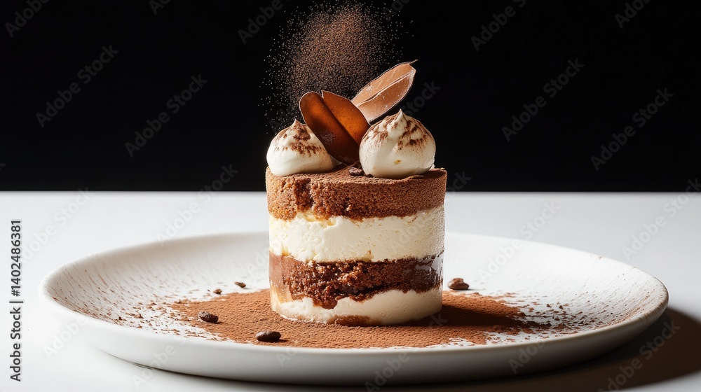 Poster elegant tiramisu portion with layers of mascarpone and coffee-soaked sponge, cocoa dusted