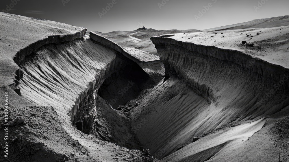 Poster fractured land surface in black and white with jagged fissure slicing through dry soil