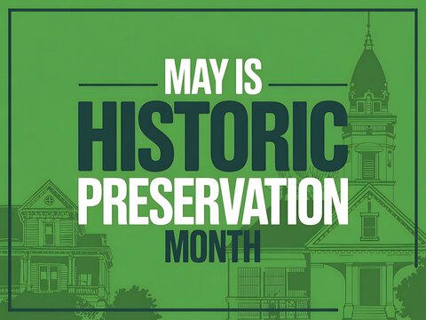 Celebrate Historic Preservation Month: Majestic old houses and charming architecture stand tall, a testament to time's passage with a rich green backdrop.