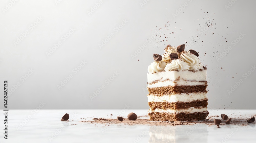Aufkleber gourmet tiramisu slice placed on a marble countertop, minimal style with cocoa accents