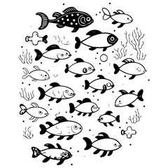 Doodle Fish Collection in Black and White Style