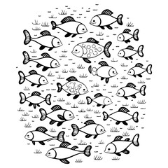 Black and White Fish in Circular Pattern Drawing