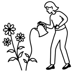 A silhouette of a person holding a watering can, watering a blooming flower garden, white background 