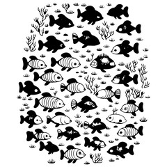 Stylized Ocean Life Pattern in Black and White