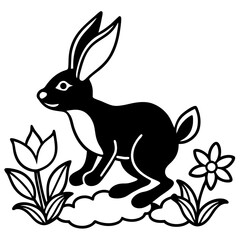 Fototapeta premium A silhouette of a rabbit hopping through a flower patch, white background 