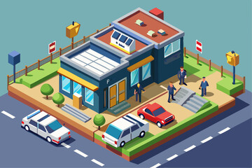 Isometric vector of a police station with officers, vehicles, and holding cells
