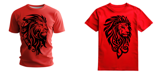 T shirt red in color with a black tribal lion tattoo on the chest set against a transparent background PNG