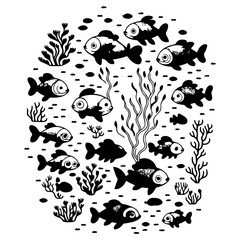 Abstract Ocean Life in black and white color