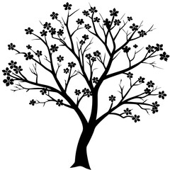 A silhouette of a tree with its roots visible, spring flowers growing around, white background 