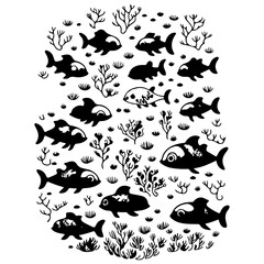 Monochrome Fish and Seaweed Pattern Illustration
