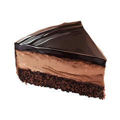 A thick slice of chocolate mousse cake with smooth dark frosting, soft crumb, and rich texture