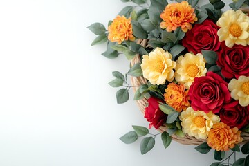 Obraz premium Roses, Dahlias and Green Leaves Bouquet in Wicker Basket on White Background Still Life