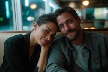 Fototapeta premium Close-up portrait of a romantic couple gazing lovingly at the camera, enjoying a quiet moment together in a diner booth.