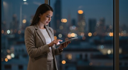 Woman in suit uses tablet at night with city lights background.