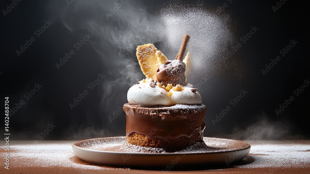 Poster steaming hot chocolate dessert with gooey center and crisp crust, lightly topped with sugar