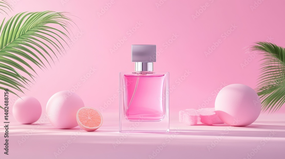 Poster stylish perfume bottle with light pink liquid and clean lines placed on soft pink background