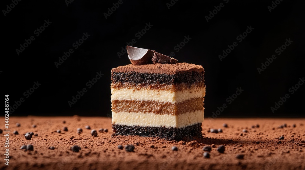 Poster Tiramisu cake close-up with creamy layers and dark cocoa topping, shallow depth of field
