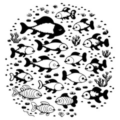 School of Stylized Black and White Fishes Pattern