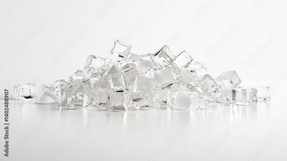 Poster translucent crushed ice cubes arranged in a pile, white surface and soft reflection