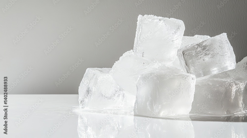 Poster translucent crushed ice cubes arranged in a pile, white surface and soft reflection