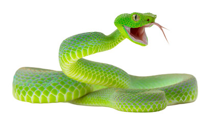Obraz premium Vibrant green tree viper displays its fangs and open mouth in a striking pose