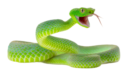 Vibrant green tree viper displays its fangs and open mouth in a striking pose