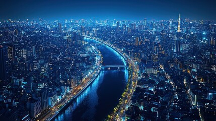 Fototapeta premium Tokyo Nightscape: Aerial View of Illuminated City and River