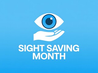 A caring hand gently cradles a vibrant blue eye celebrating Sight Saving Month on a calming light blue background.