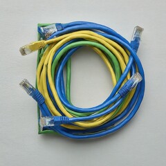 Network Cables Tightly Coiled in Multicolored Arrangement on White Background