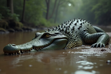 Fototapeta premium Calm Crocodile Submerged in Murky Swamp Water