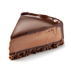 A thick slice of chocolate mousse with smooth creamy texture, rich chocolate flavor, and glossy finish
