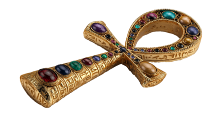 Ornate ancient Egyptian ankh symbolizing life with detailed craftsmanship and colorful stones highlighted against a plain backdrop