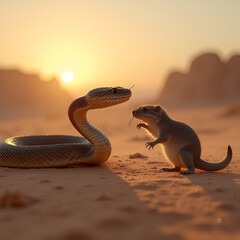 Snake and Rodent Confrontation in Desert at Sunset