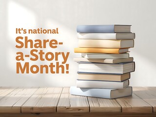 Celebrate National Share-a-Story Month with a heartwarming stack of books, bathed in soft sunlight on a rustic wooden table.