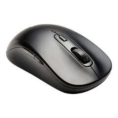 Wireless black computer mouse angled slightly on a white background