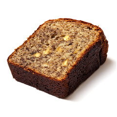 A thick slice of classic banana bread with a golden brown crust, moist crumb, and visible banana pieces