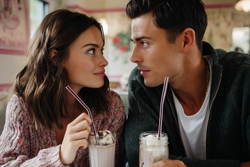 Couple sharing milkshakes, gazing at each other. Sweet moment, warm colors, lovely date. Classic diner vibes, drinks with straws.