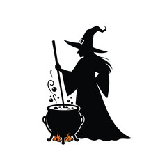 Black halloween witch woman in cartoon hat flies on a spooky broom, a fun magic illustration for the holiday